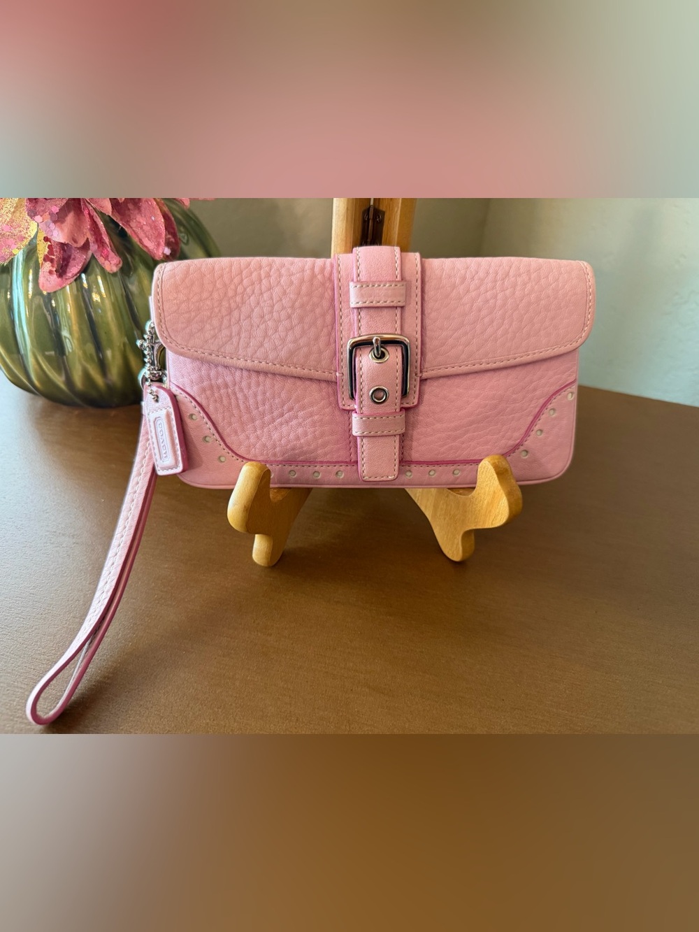 Coach Pink Pebbled Leather Wristlet Clutch with Buckle Accent